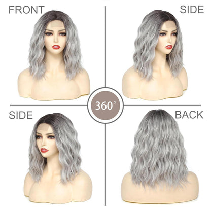 Graue Bob Perücke Wellig Kurz Synthetisch mit Lace Mittelteil