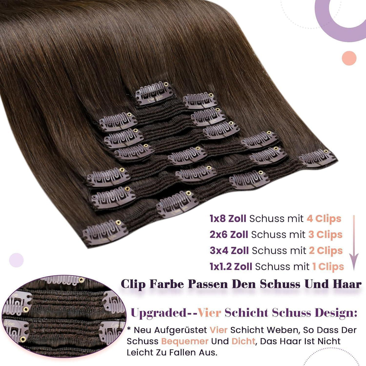 Echthaar Clip-In Extensions Dunkelbraun 40cm