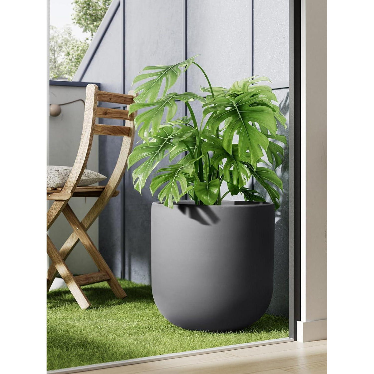 Keramiktopf Übertopf 30 cm, Anthrazitgrau mit Abfluss