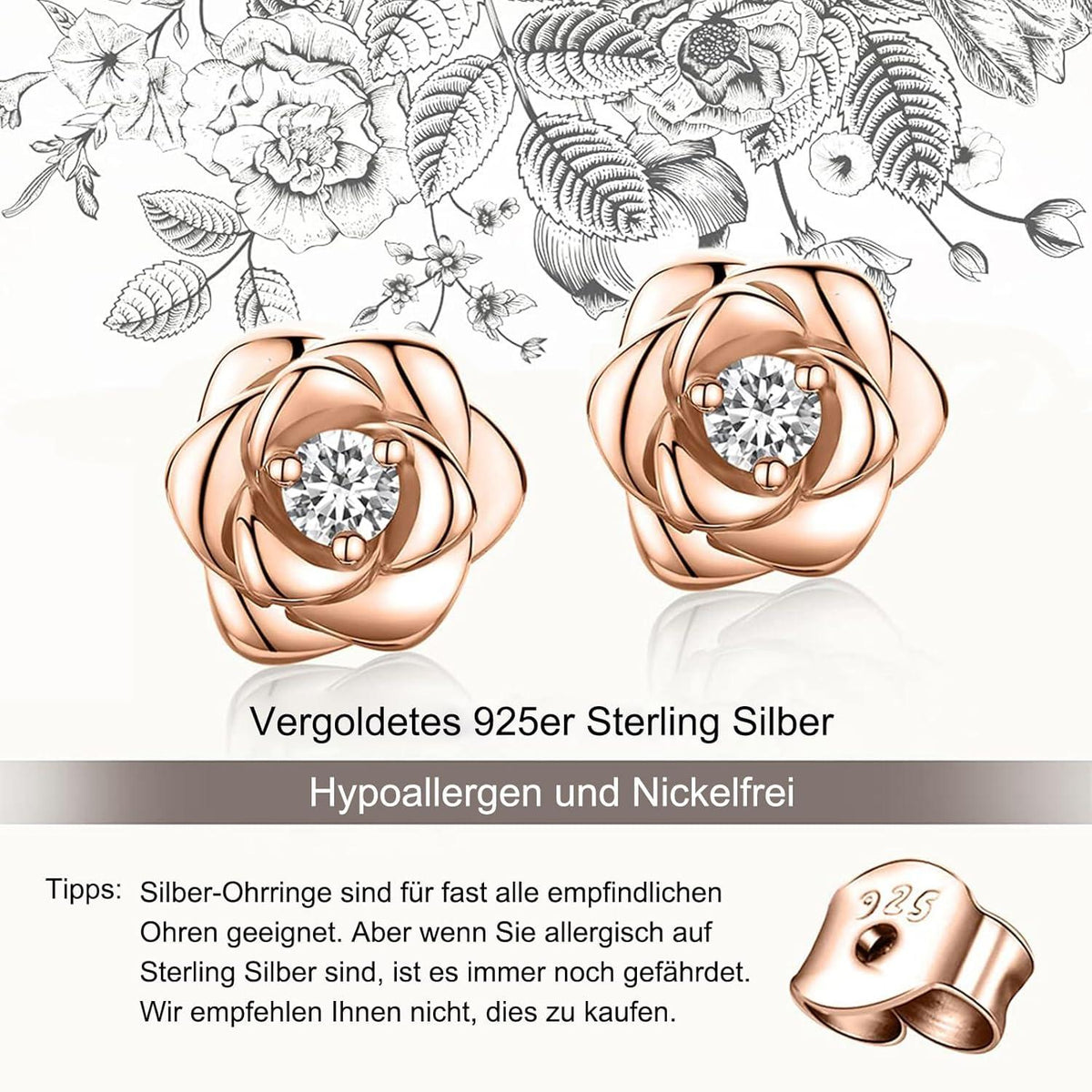 Rosen Ohrstecker Rosegold 925 Silber Damen Ohrringe Strass