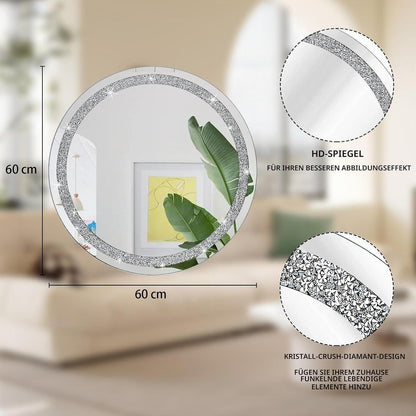 Kristall Diamant Spiegel Rund Rahmenlos Silber Wanddeko 60x60cm