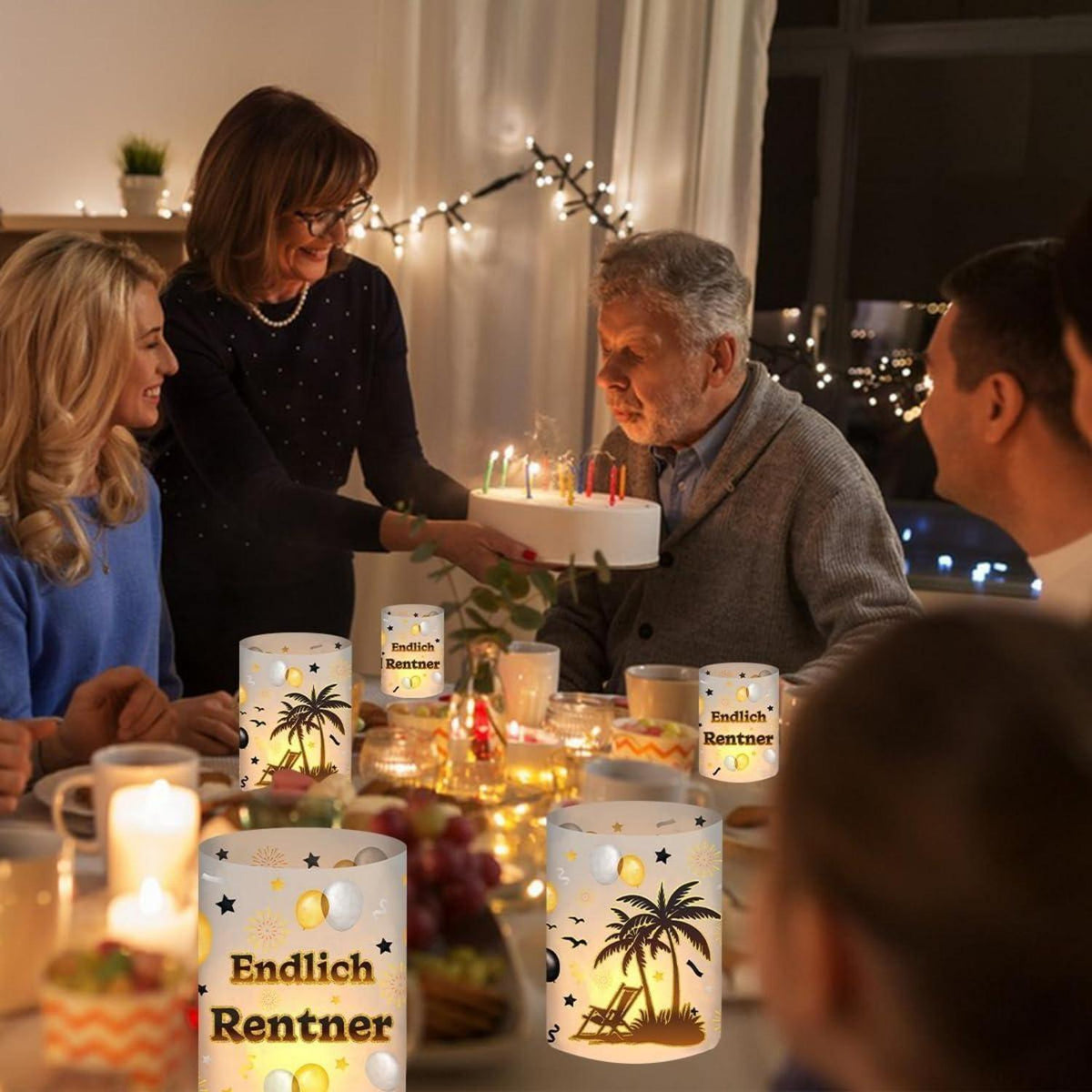 12 Windlichter Tischdeko Ruhestand "Endlich Rentner"