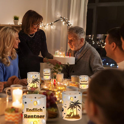 12 Windlichter Tischdeko Ruhestand "Endlich Rentner"