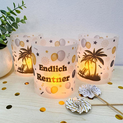12 Windlichter Tischdeko Ruhestand "Endlich Rentner"