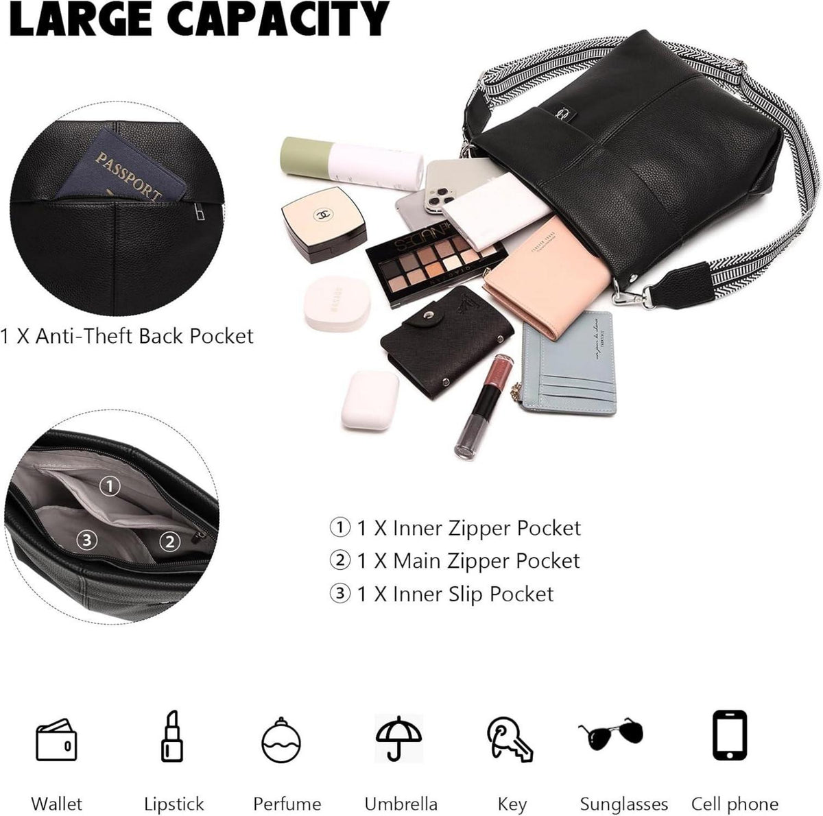 Myhozee Umhängetasche Damen Schwarz Crossbody Bag PU Leder 2 Gurt