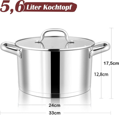 24cm Edelstahl Kochtopf mit Glasdeckel, 5,6L Suppentopf für