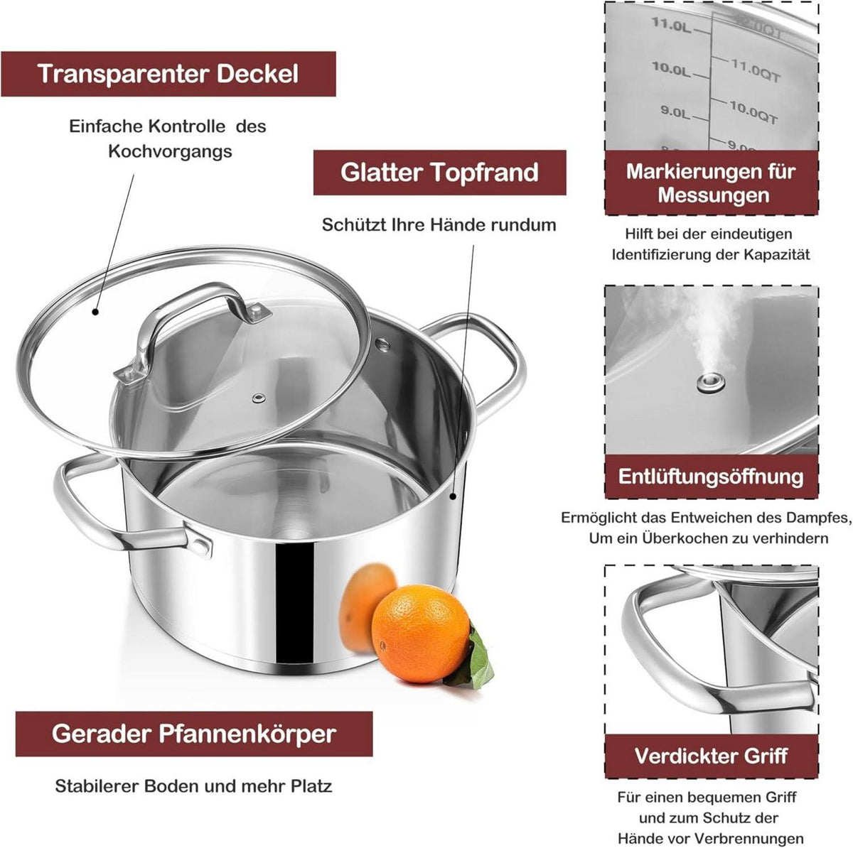 Joyfair 24cm Edelstahl Kochtopf mit Glasdeckel 5,6L Induktion