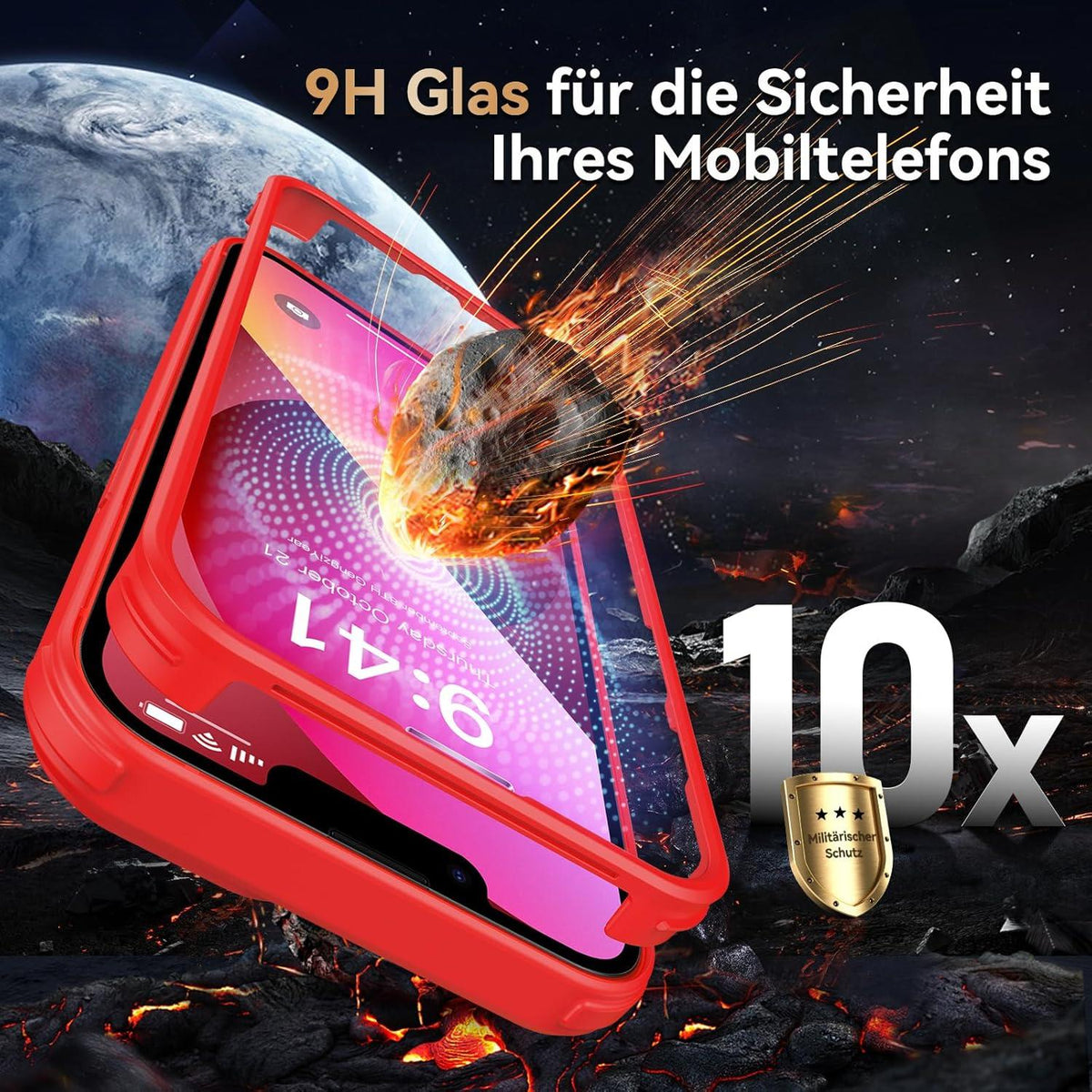 360 Grad iPhone 13 Hülle mit Glas Schutzfolie Kameraschutz Stoßfest - Rot