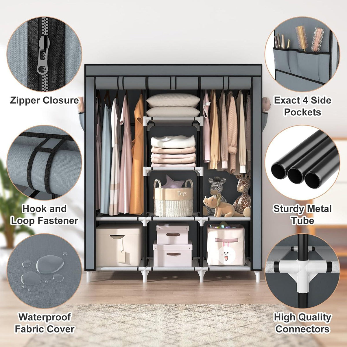 Großer Stoffschrank mit 2 Kleiderstangen und 8 Ablagen - Grau 124x42x162cm