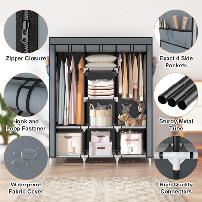 Großer Stoffschrank mit 2 Kleiderstangen und 8 Ablagen - Grau 124x42x162cm