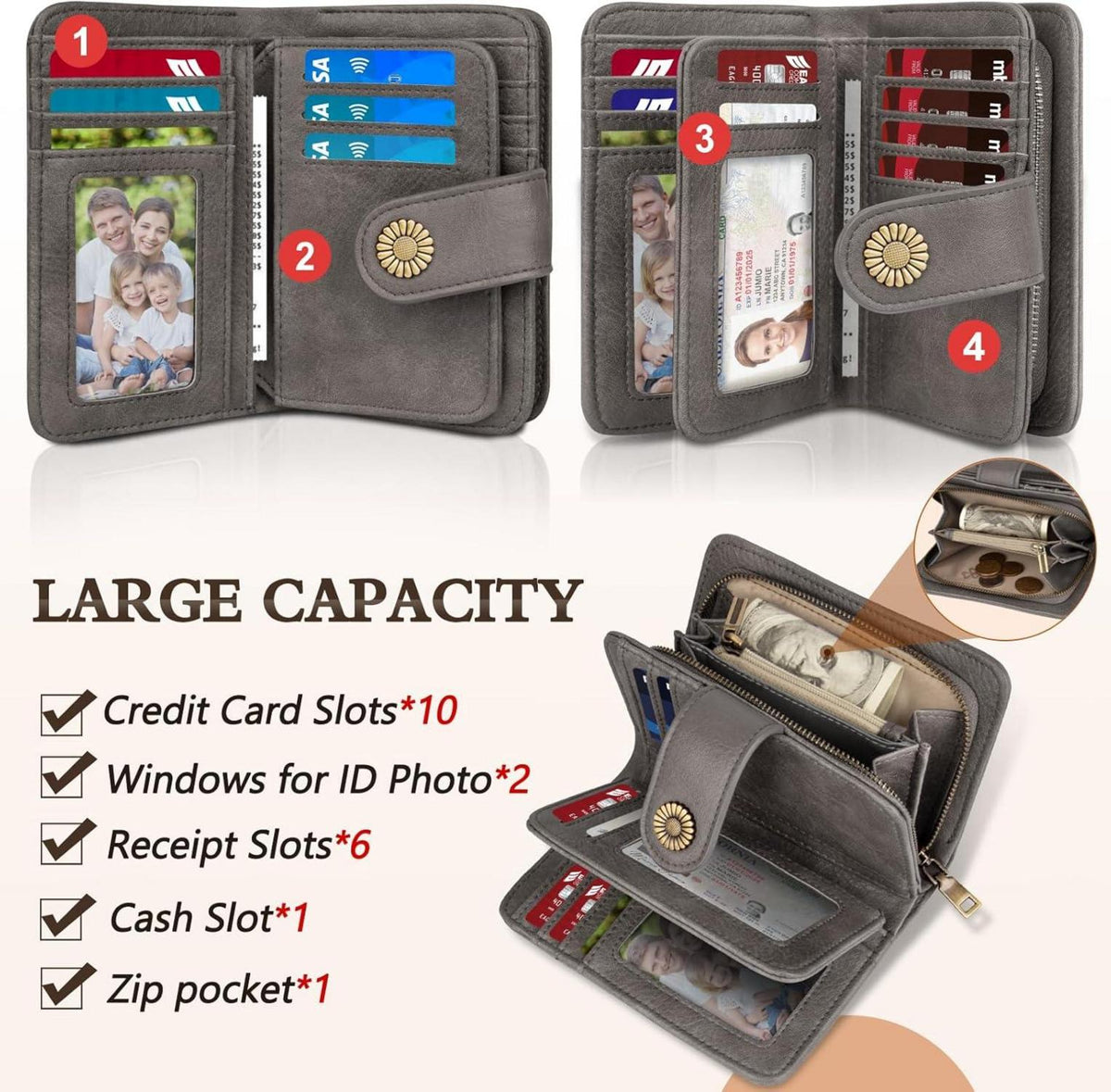 TEUEN Damen Geldbörse Vintage Leder RFID Schutz Grau