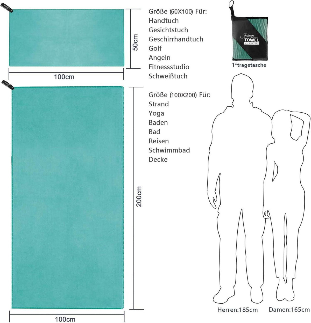 JASUEN Mikrofaser Handtuch Set 2 Stück Grün 200x100cm + 100x50cm