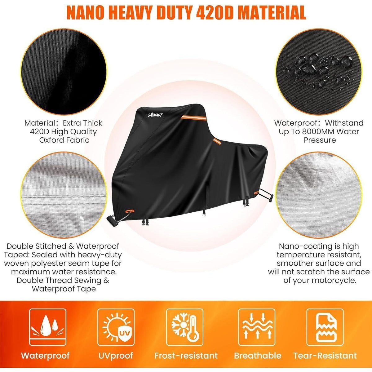 Wasserdichte Motorrad Abdeckung 420D Heavy Duty Schwarz-Orange 2XL