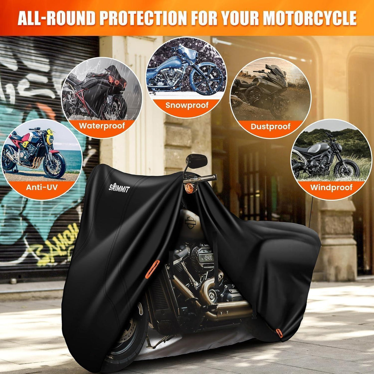 Wasserdichte Motorrad Abdeckung 420D Heavy Duty Schwarz-Orange 2XL