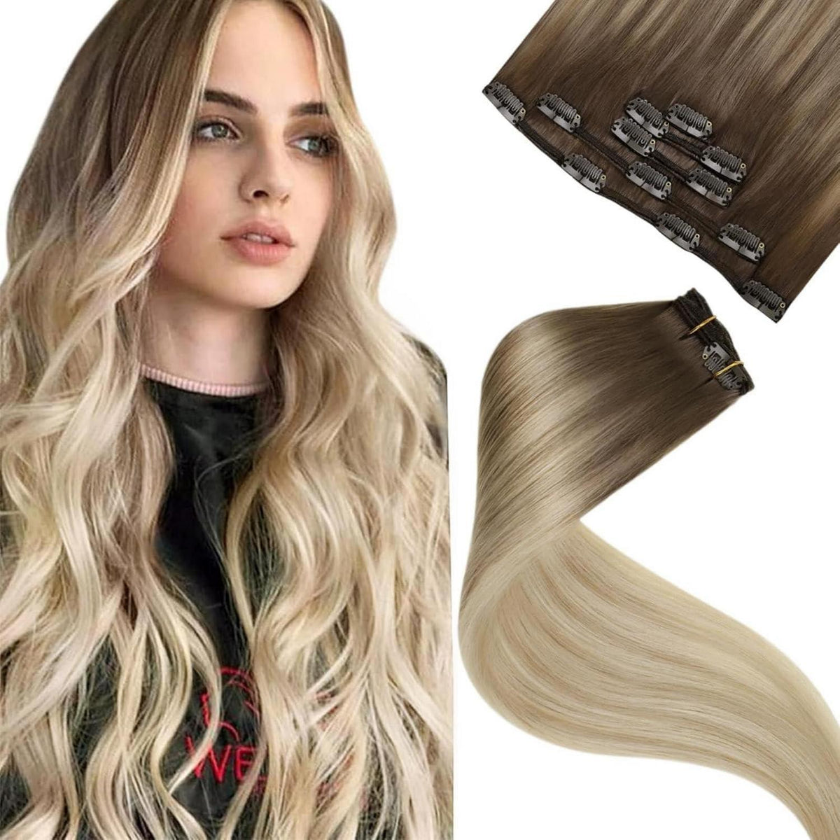 Echthaar Clip-in Extensions Balayage Blond Braun