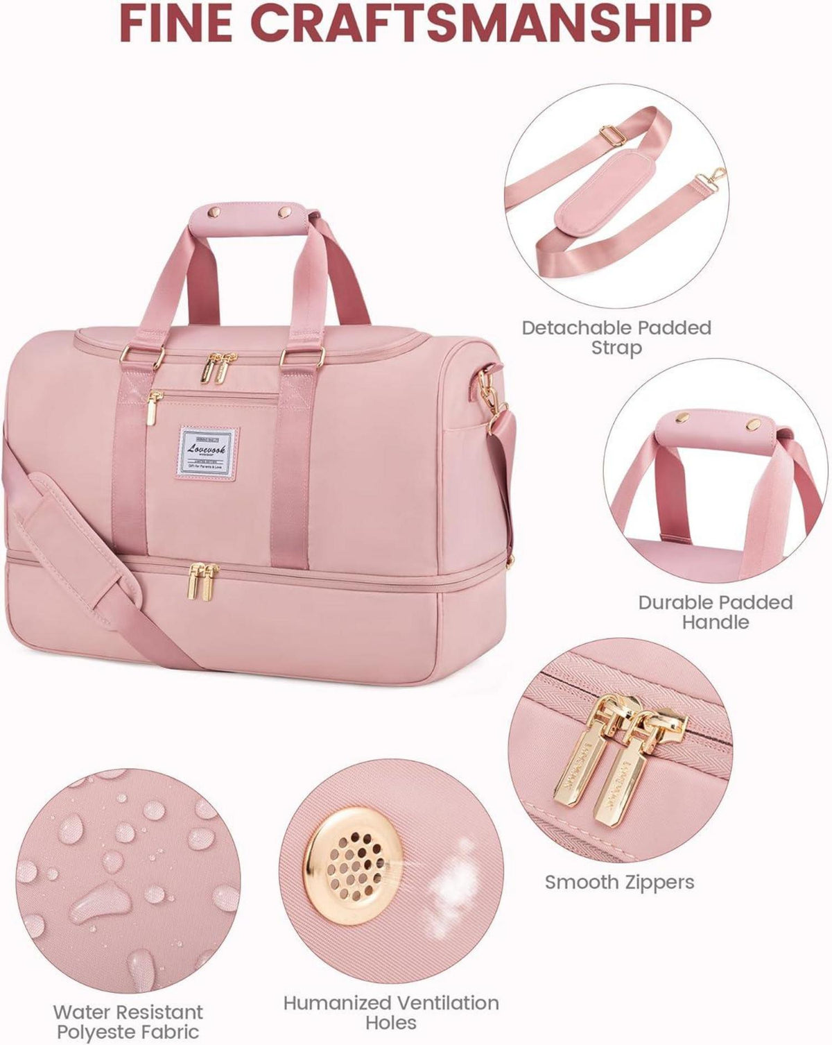 LOVEVOOK Reisetasche Sporttasche Damen Rosa, Weekender mit Schuhfach & Nassfach