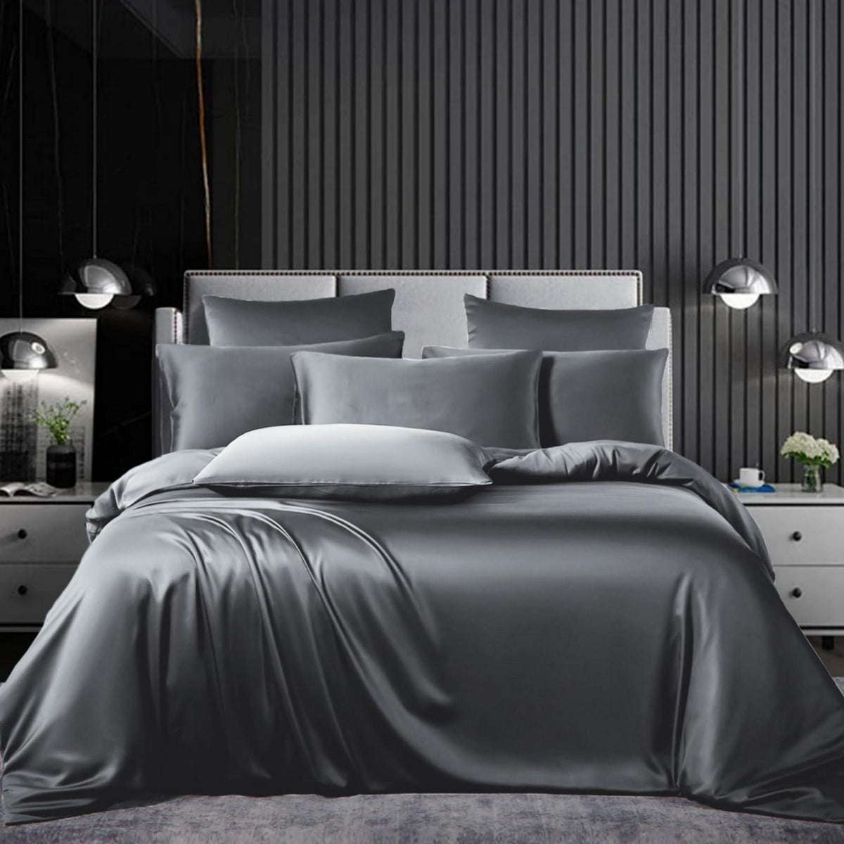 Satin Bettwäsche Set 135x200cm Grau 4-teilig Luxus Bettbezug
