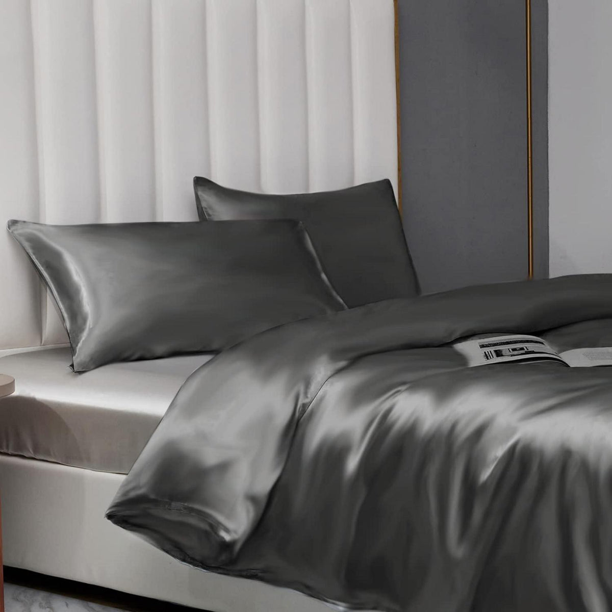 Satin Bettwäsche Set 135x200cm Grau 4-teilig Luxus Bettbezug