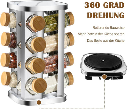 Drehbares Gewürzregal mit 16 Gewürzgläsern Bambus-Deckel