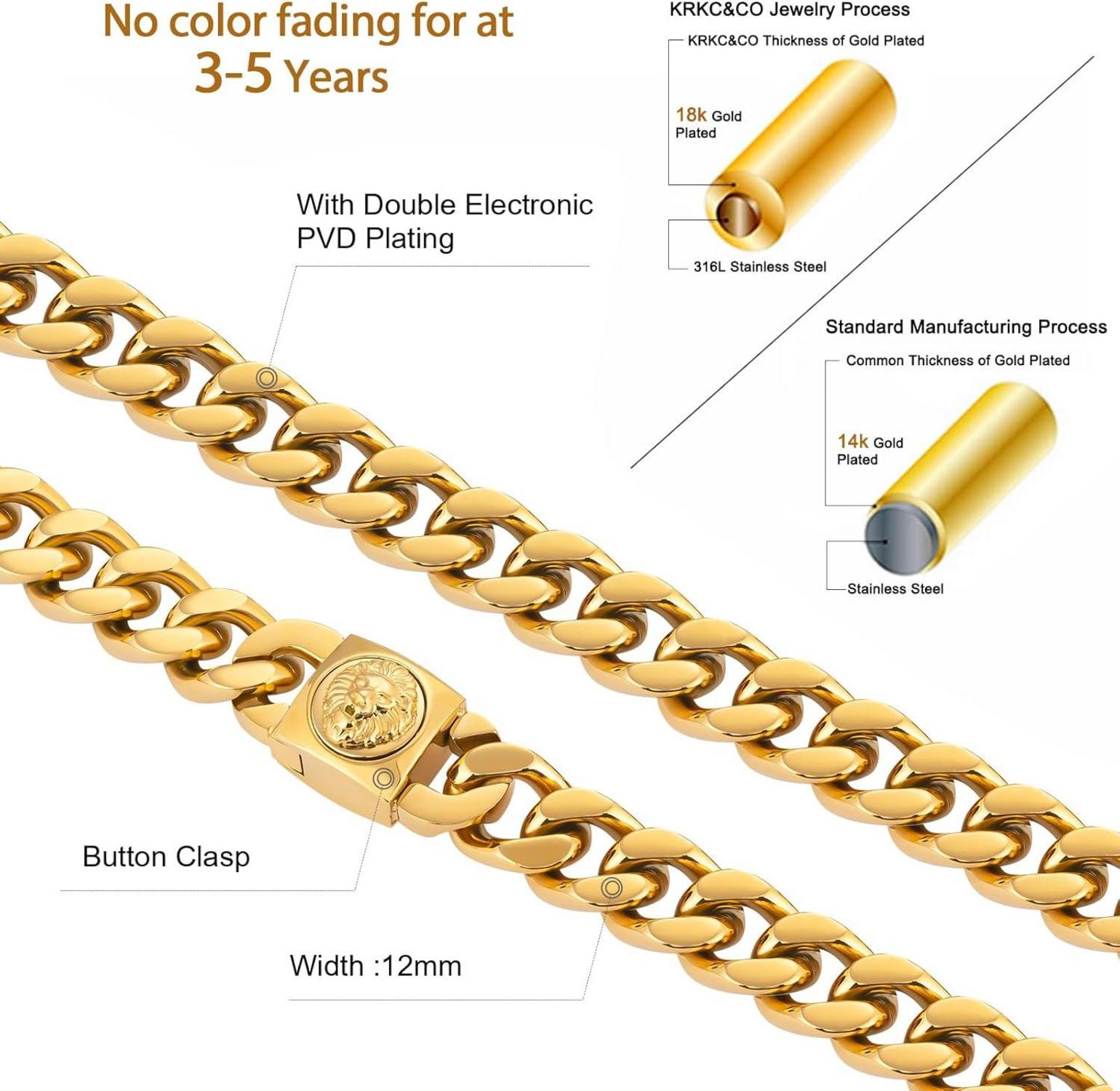 Herren Panzerkette mit Löwe Kopf Verschluss 18K Gold Cuban Link Chain 20 Zoll