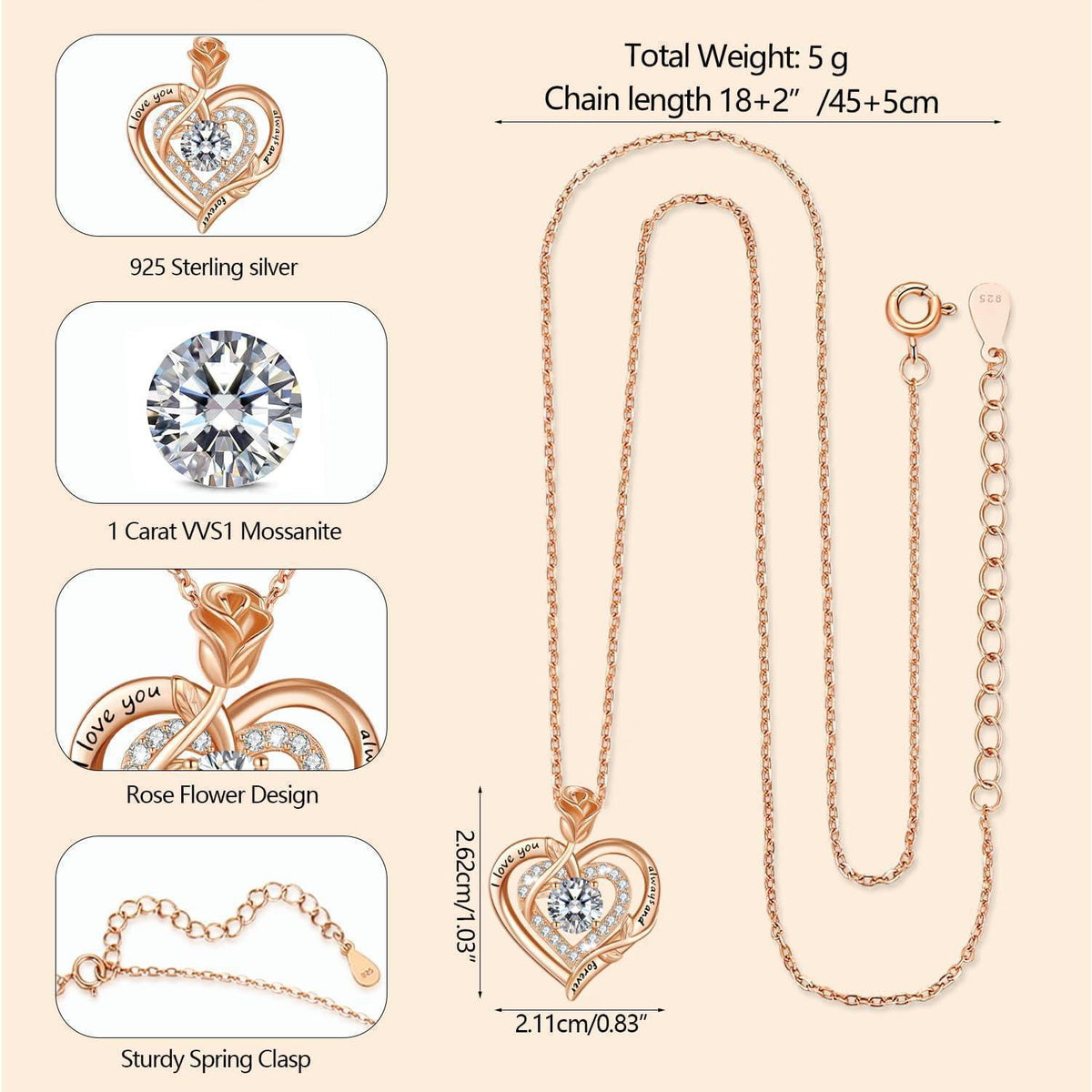 Moissanite Halskette Damen Silber 925 Herz Anhänger Roségold