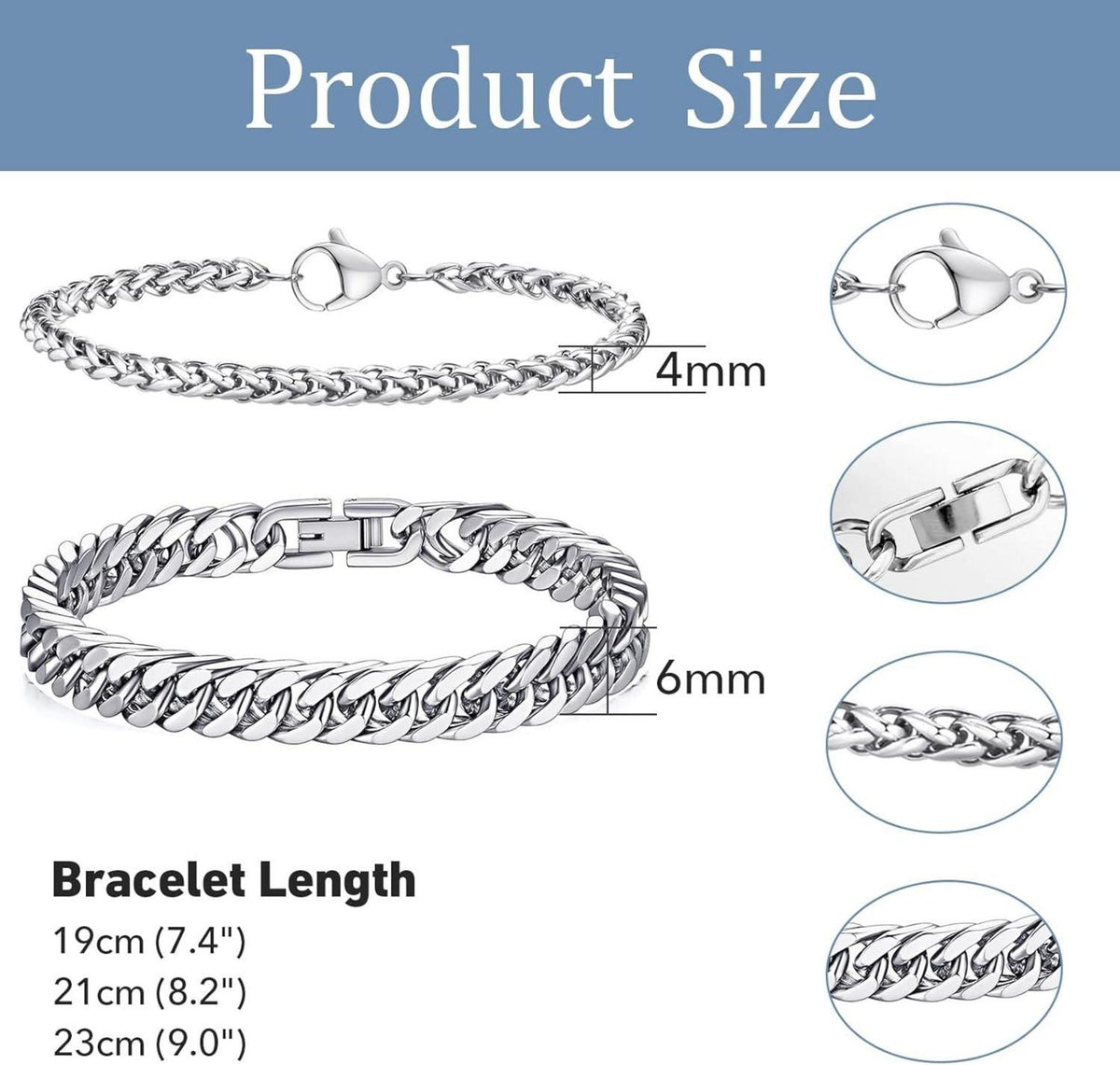Armband Herren 2 Stück Silber Panzerkette Edelstahl 4/6 mm 23.0