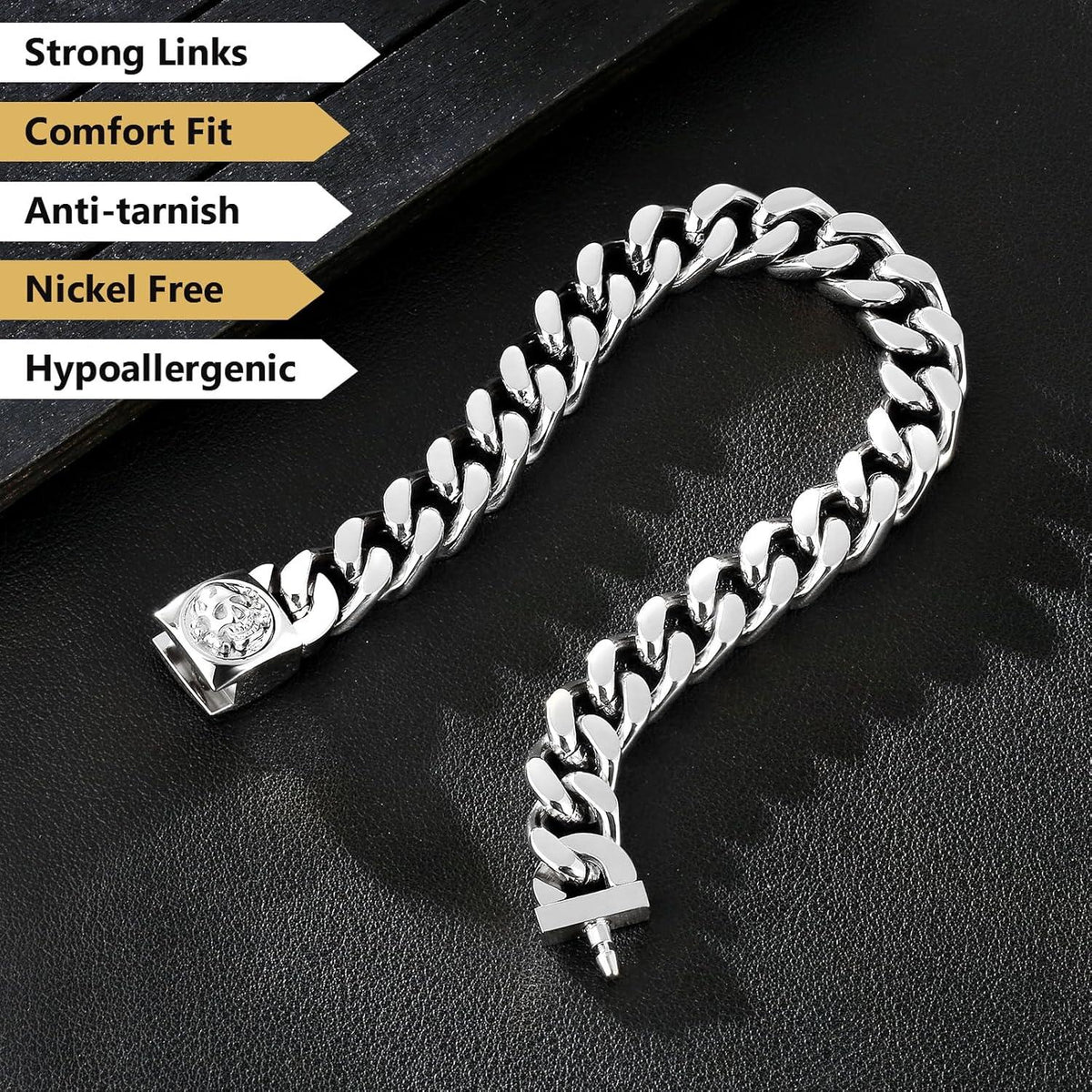 KRKC&CO 12mm Cuban Armband mit Totenkopf Verschluss, 18K Gold