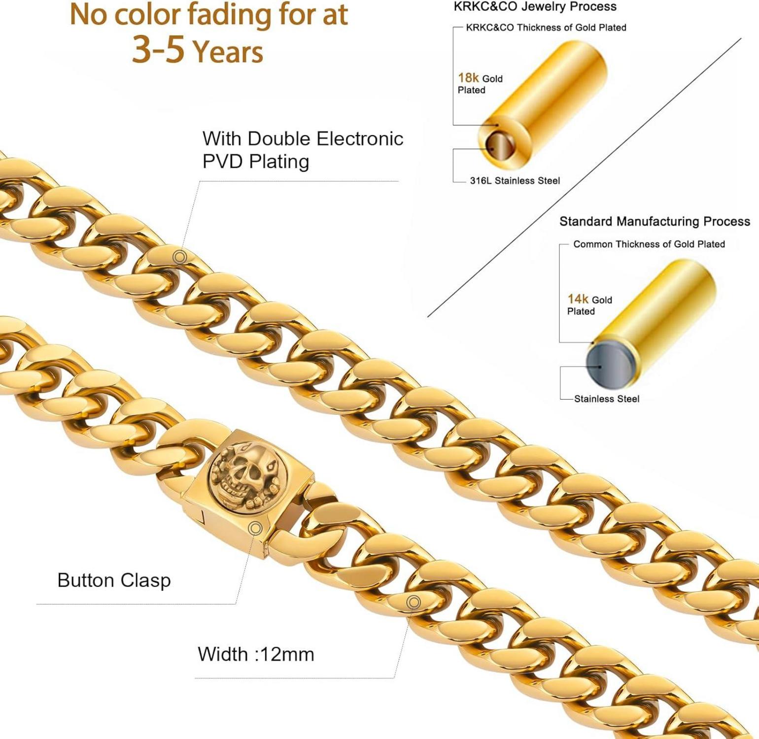 Herren Panzerkette 18K Gold plattiert Totenkopf Verschluss 12mm 20 Zoll