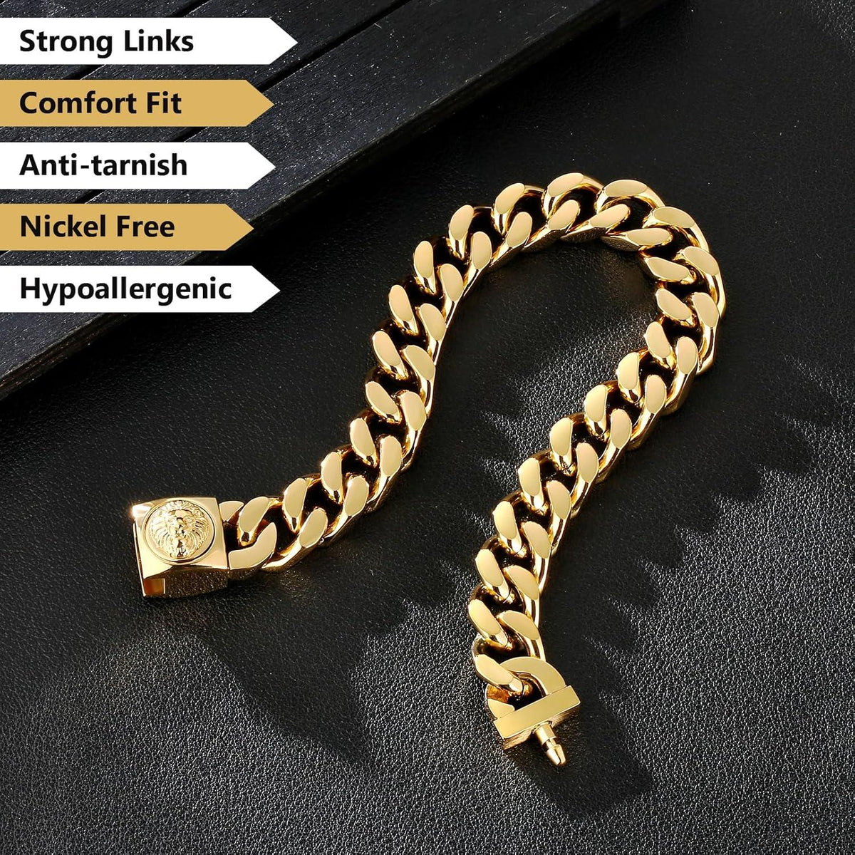 Gold beschichtetes Löwenkopf Armband 12mm Cuban Link für Männer