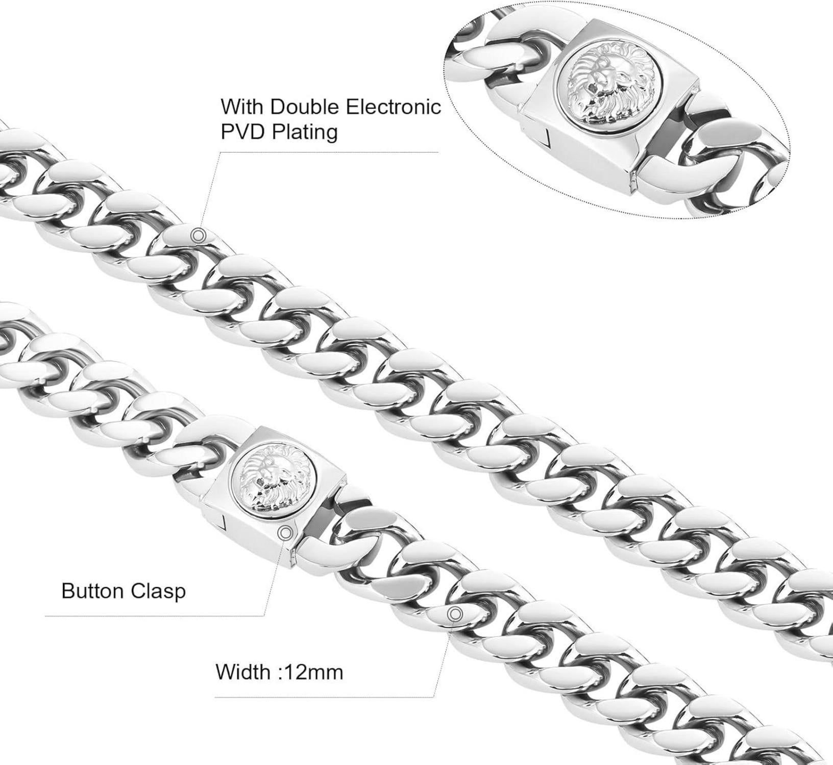 KRKC&CO 12mm Herren Panzerkette Löwe Totenkopf 18K Gold Cuban Link Edelstahl Miami Kubanische Gliederkette Hip Hop Halskette Männer Jungs 55.9cm