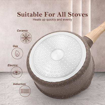 Keramik Stielkasserolle 20 cm mit Deckel und Griff, Antihaftbeschichtung, 2.5L, Braun