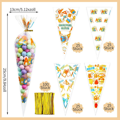 100x 25x13 cm Zuckertüten Goldverschluss, 4 Stile (100