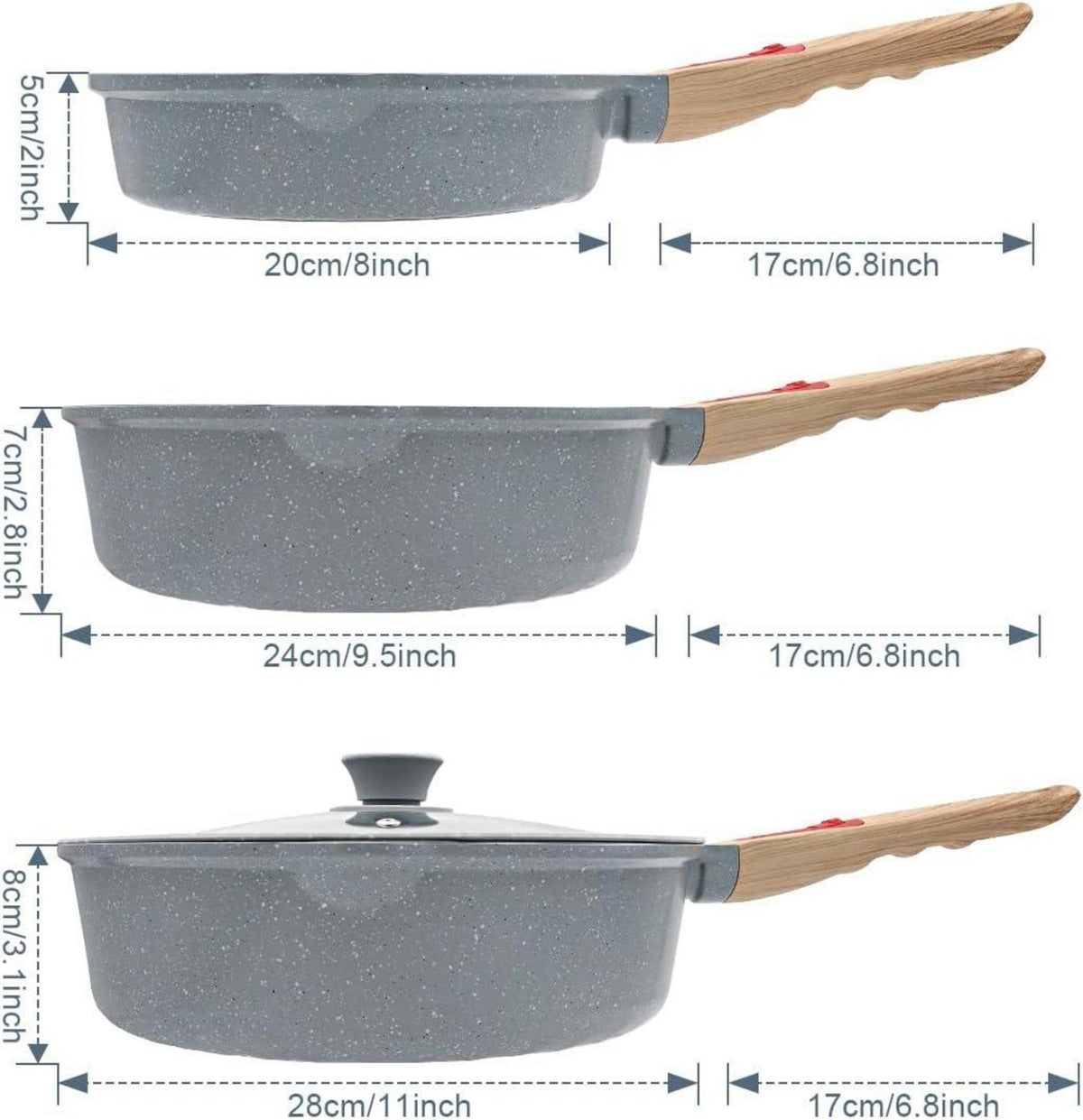 Keramik Pfannenset 5-teilig Antihaft Bratpfannenset mit abnehmbaren Griff, blau