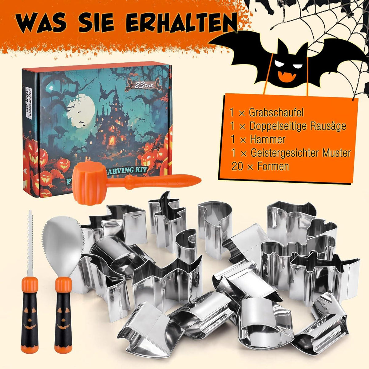 HAUSHOF Halloween Kürbis Schnitzset 23-tlg. mit Hammer und