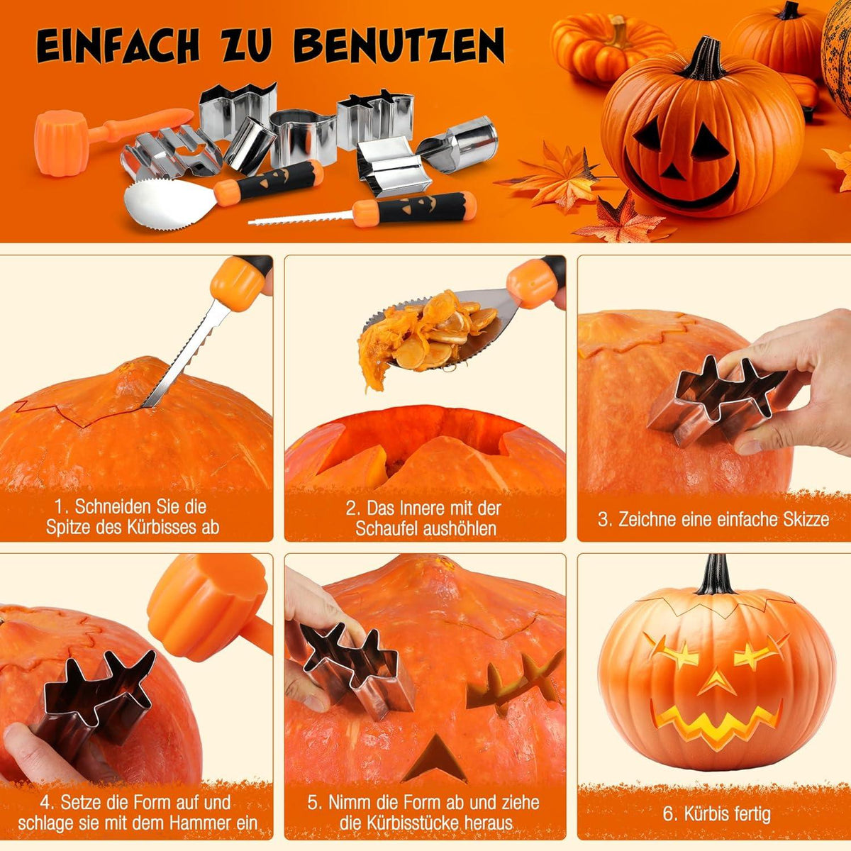 HAUSHOF Halloween Kürbis Schnitzset 23-tlg. mit Hammer und 20 Formen