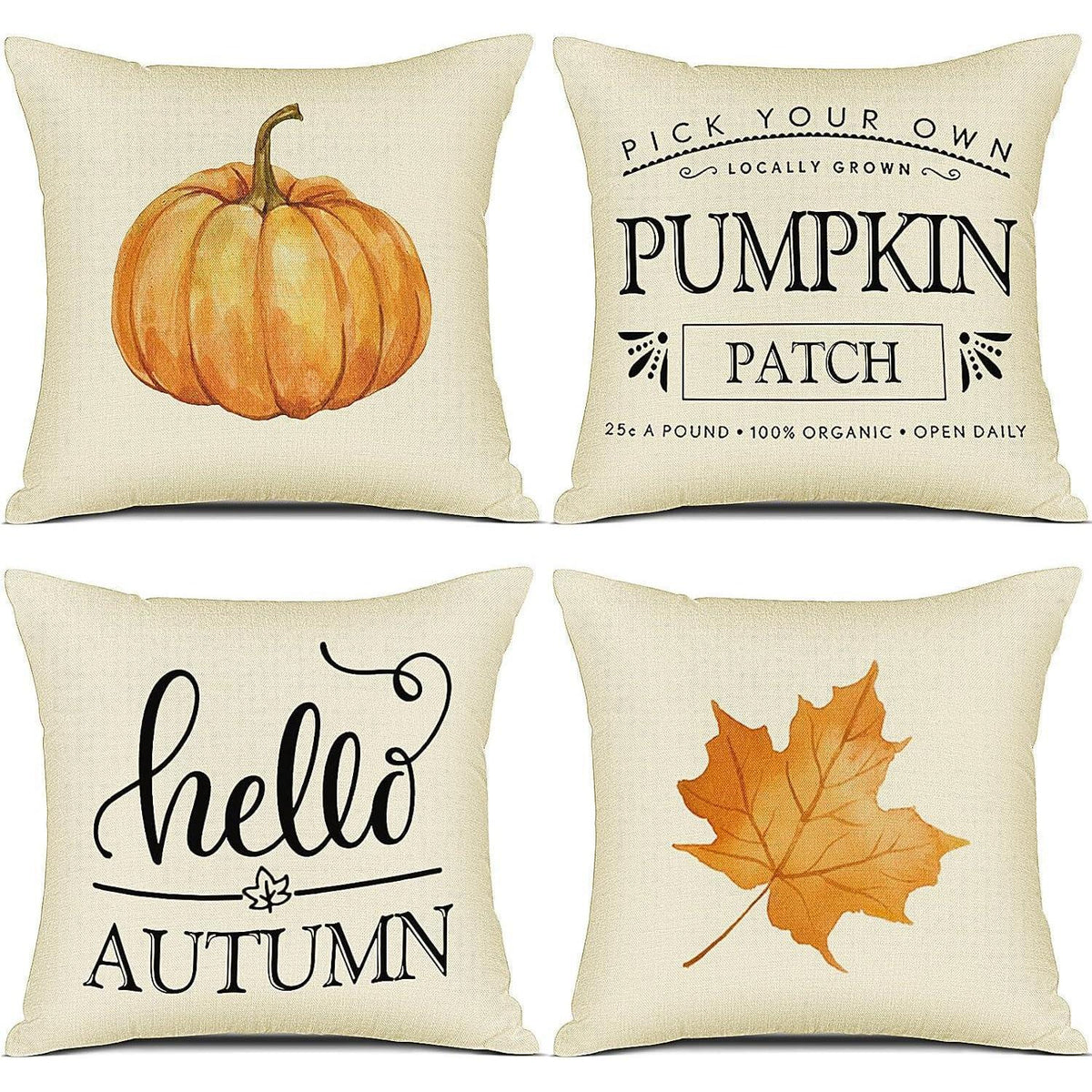 Herbst Kissenbezug 50x50 4er Set - Kürbis Deko Leinen