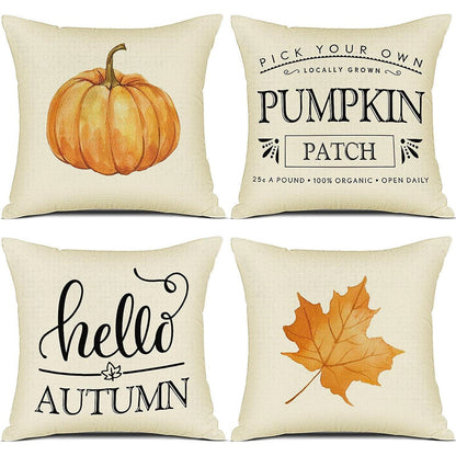 Herbst Kissenbezug 50x50 4er Set - Kürbis Deko Leinen