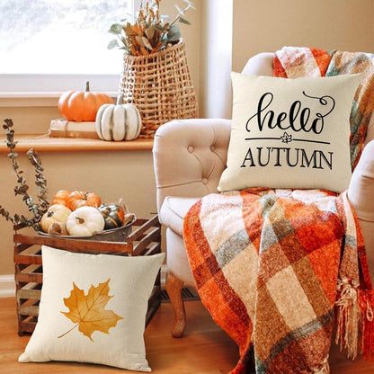 Herbst Kissenbezug 50x50 4er Set - Kürbis Deko Leinen