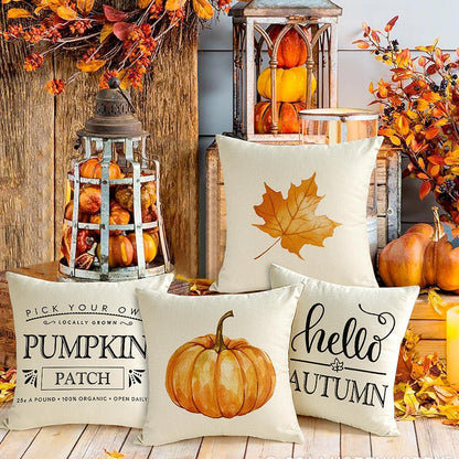 Herbst Kissenbezug 50x50 4er Set - Kürbis Deko Leinen
