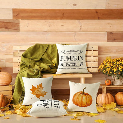 Herbst Kissenbezug 50x50 4er Set - Kürbis Deko Leinen