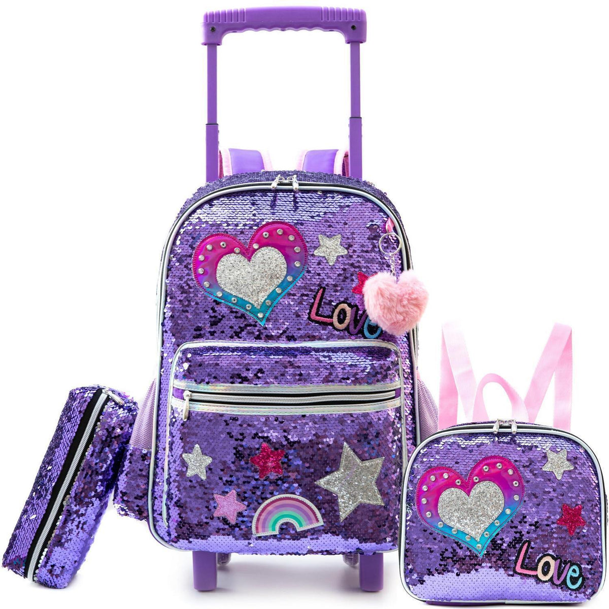 Kinder Rucksack mit Rollen & Trolley Set Lila Herz
