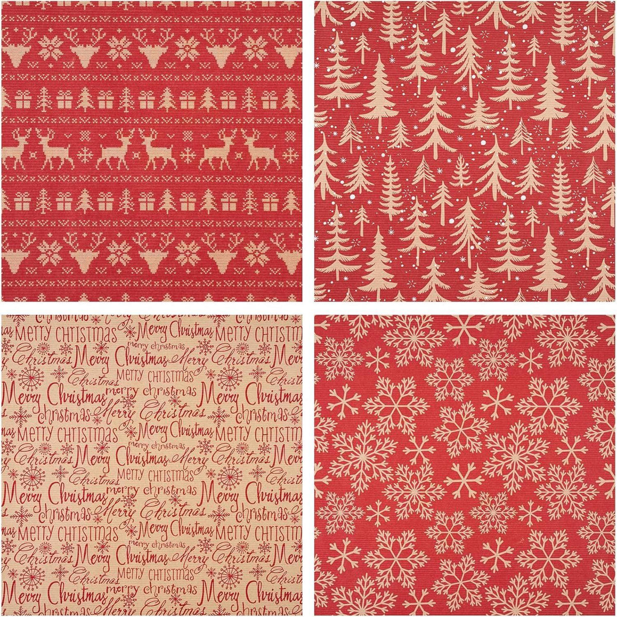 Weihnachts-Geschenkpapier Kraftpapier Rentier Schneeflocke Baum 4Rollen