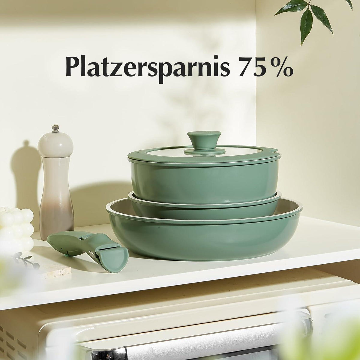 Redchef Keramik Pfannenset 5-teilig Grün - Abnehmbarer Griff - Platzsparend - Spülmaschinenfest - Camping Kochgeschirr