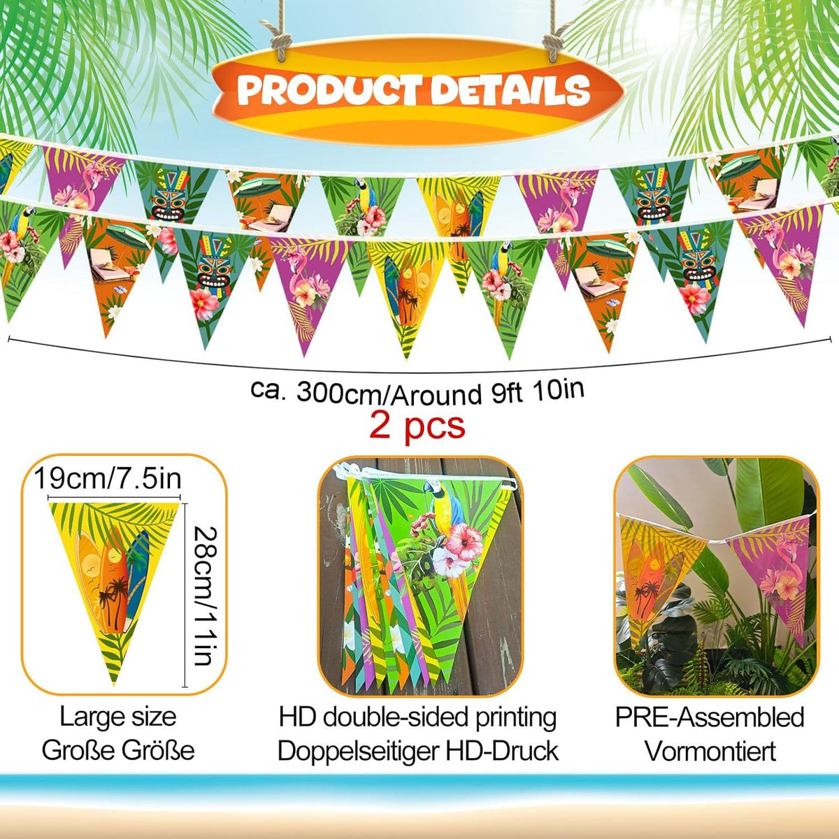 Hawaii Sommer Party Deko 14 Stück Wimpelkette Strand