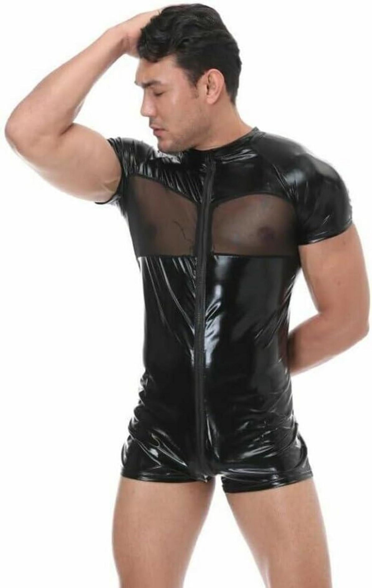 Wetlook Bodysuit Herren Leder Einteiler Slim Fit Catsuit transparent