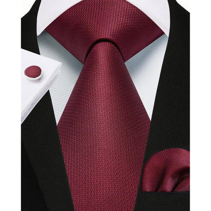 Herren Krawatten Set mit Einstecktuch & Manschettenknöpfen – Seide Paisley Burgund