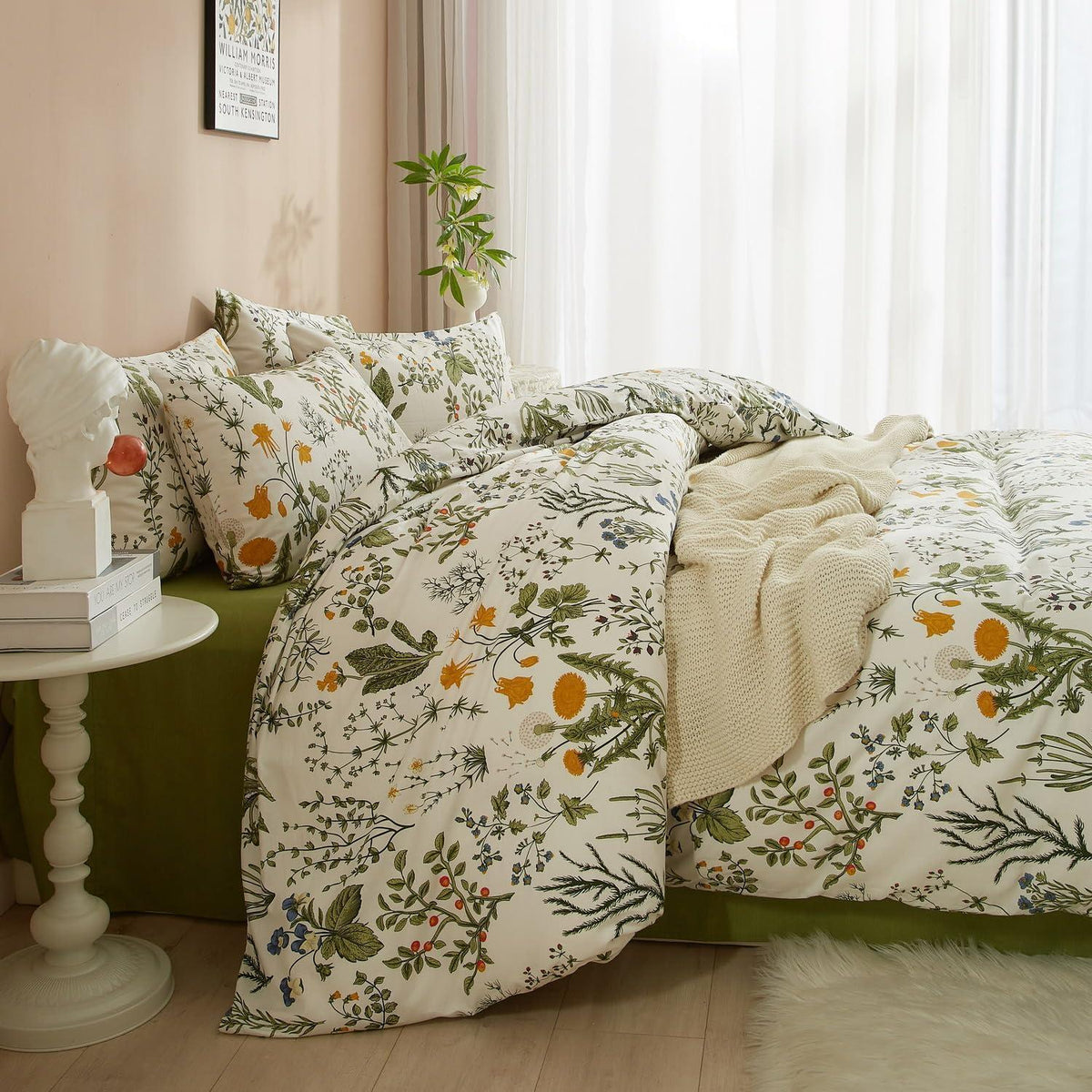 Blumen Bettwäsche Set 200x220 Baumwolle Grün Weiß Floral