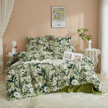 Blumen Bettwäsche Set 200x220 Baumwolle Grün Weiß Floral