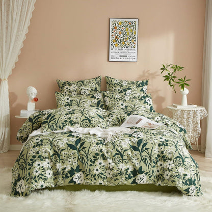 Blumen Bettwäsche Set 200x220 Baumwolle Grün Weiß Floral