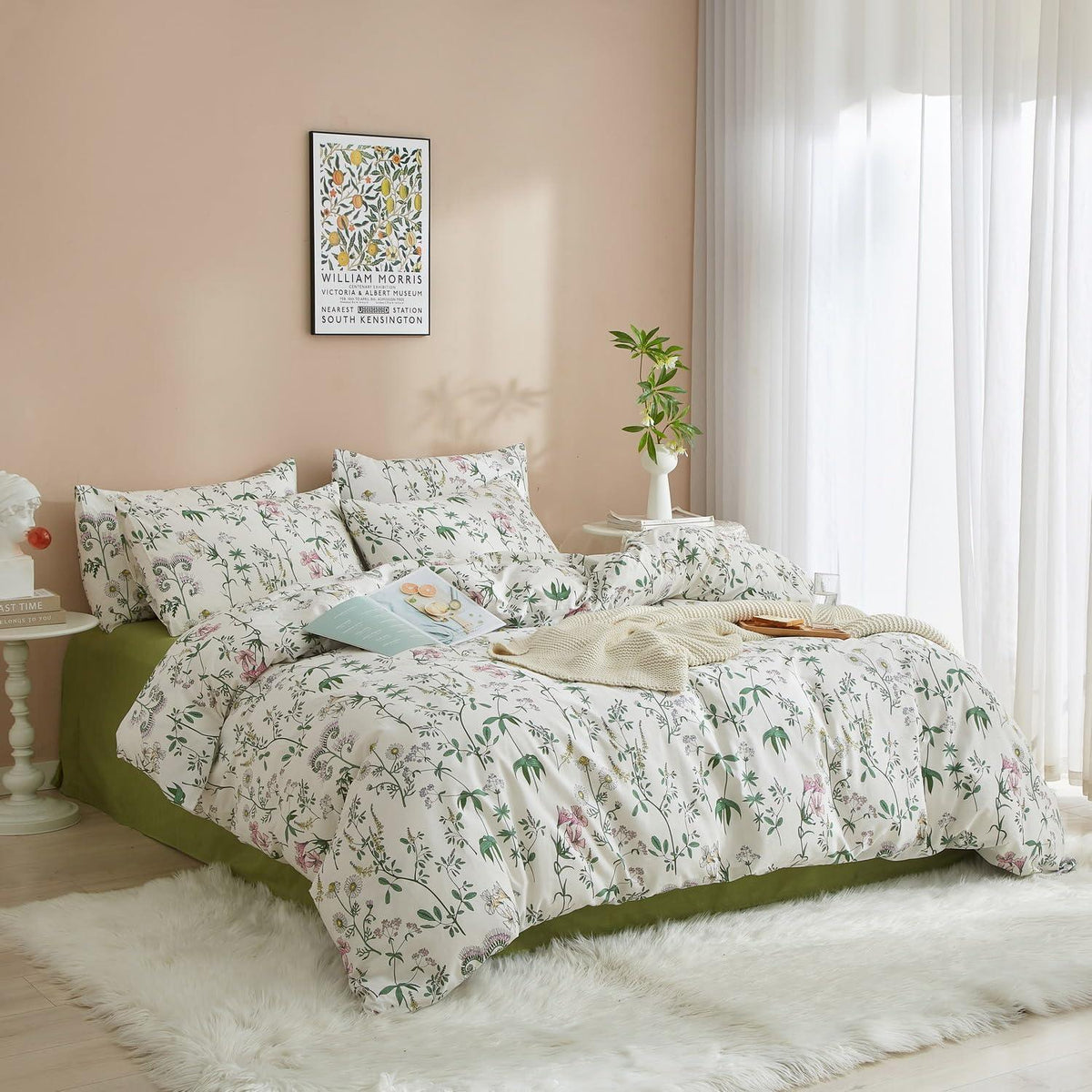 Blumen Bettwäsche Set 220x240 Baumwolle Weiß Grün